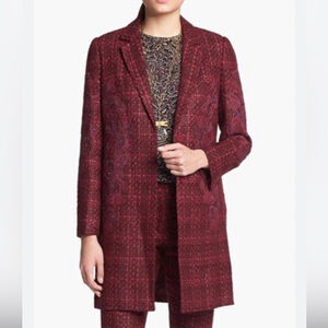Tory Burch Patsy Glazed Tweed dark plum long line coat Size 2 appliqué embellish